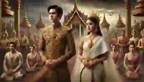 Nang Wanthong solemnly marries Khun Chang in a grand Thai wedding, while her heart longs for Khun Phaen.