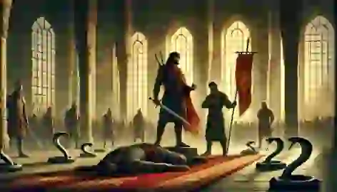 Kaveh and Fereydun stand victorious in the throne room after Zahhak’s defeat, holding the banner high.