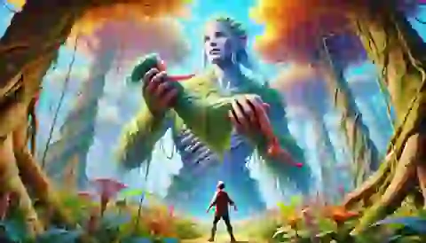 Island of Giants: Liam being held by a giantess, Brigid, with a backdrop of enormous trees and giant-sized plants. The scene is vibrant with detailed textures and bright colors.