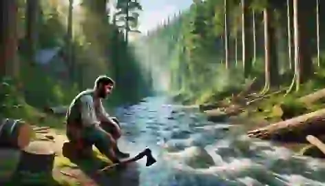 The woodcutter sits by the river, distraught as his axe sinks into the fast-flowing water, surrounded by a lush forest.