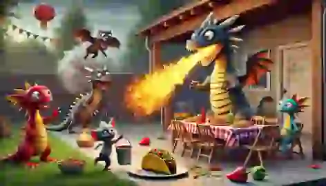 A dragon accidentally eats spicy salsa, breathing fire as other dragons react and Tom rushes with a water bucket.