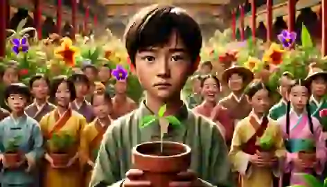 Ping holds an empty pot among children with flourishing plants, showing his honesty despite his seed not sprouting.