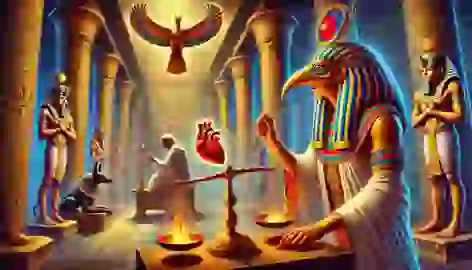 Thoth records the Weighing of the Heart ritual with Anubis adjusting scales in the Hall of Ma’at.