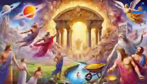 Hephaestus forges the gates of Elysium under Zeus’s gaze, surrounded by gods shaping a celestial paradise