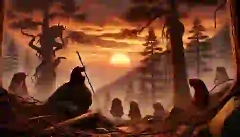  After the battle, Ryota stands victorious as the remaining Tengu are banished into the sky, and the sun sets in peace.