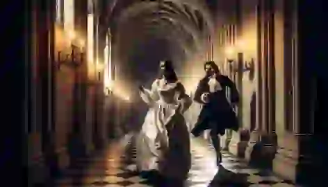 A young bride flees through a dark corridor, clutching a necklace as the marquis chases her in a dimly lit castle.