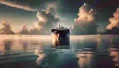 The USS Cyclops, a massive cargo ship, sailing calmly under a clear sky with dark clouds forming on the horizon