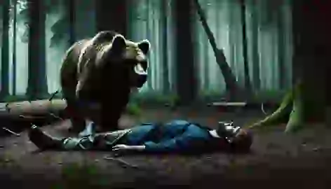 Sam lies still on the forest floor as a bear sniffs him, creating an intense and suspenseful moment.