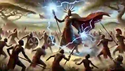 Mwindo leading the charge against Shemwindo’s army in a heroic battle amidst an open field and forest.