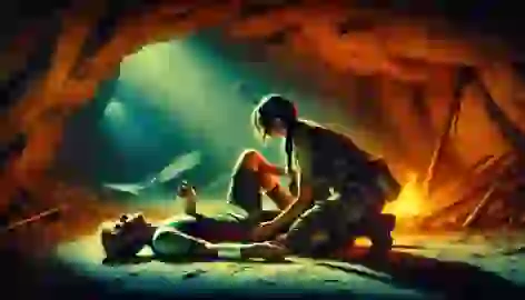 Katniss tending to a gravely injured Peeta in a dimly lit cave, her expression filled with concern and determination.