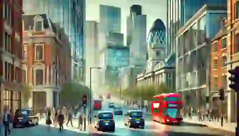 A bustling street in London with modern skyscrapers.