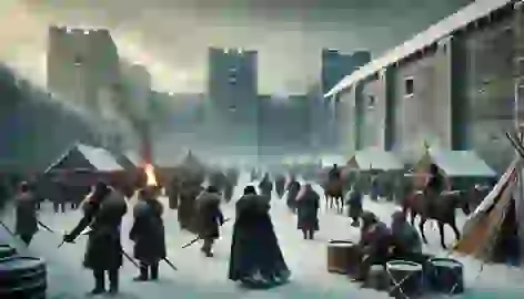 Winterfell courtyard during winter, Northern soldiers prepare for an upcoming battle, with snow covering the ground.