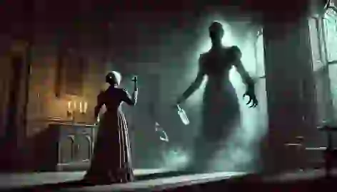 Mrs. Skegg holds a cross and holy water in a dark room as she faces the shadow growing in the corner.