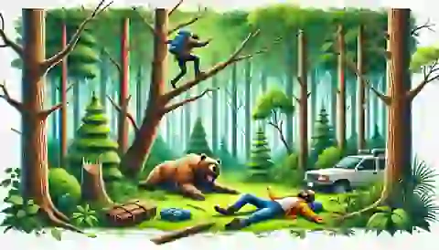 Two travelers in a forest, with one climbing a tree to escape a bear, while the other pretends to be dead.