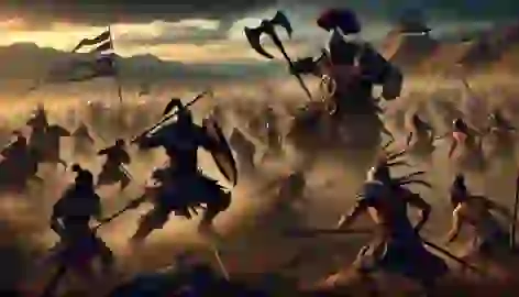 Kanu battles Itzamna, the towering warlord, amidst chaos on the battlefield outside the Mochica capital.