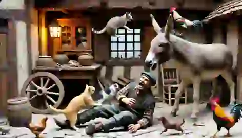 Inside a rustic house, a robber is attacked by a cat scratching his face, a dog biting his leg, and a donkey about to kick him.