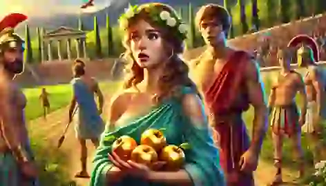 Atalanta and Hippomenes stand together after the race, holding the golden apples.