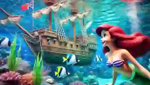 Ariel the mermaid princess swimming near the surface, gazing at a ship adorned with colorful flags.