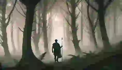 Finn MacCool walking into a misty forest at dawn, holding a spear, his figure blending with the fog and ancient trees.