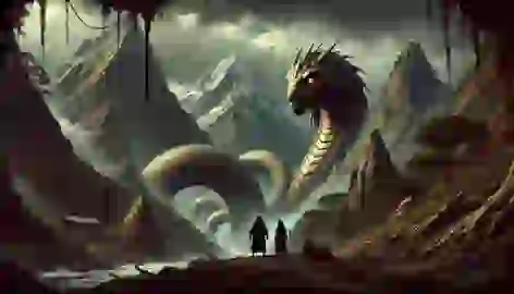 Lituche and Kuyén face the massive earth serpent, Tren Tren, coiled around a dark and stormy mountain landscape