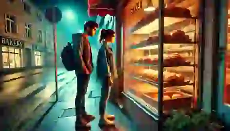 A couple stands outside a bakery, peering inside through the window at freshly baked loaves of bread