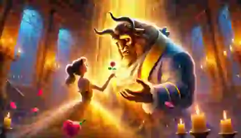 The Beast transforms into a prince as Belle watches, surrounded by golden light in the castle