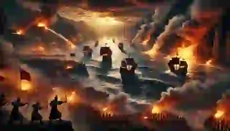 Cao Cao’s fleet is engulfed in flames on the Yangtze River during the Battle of Red Cliffs