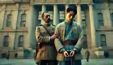 Yu Tsun, in handcuffs, is arrested by Captain Madden outside a grand building in the early morning light.