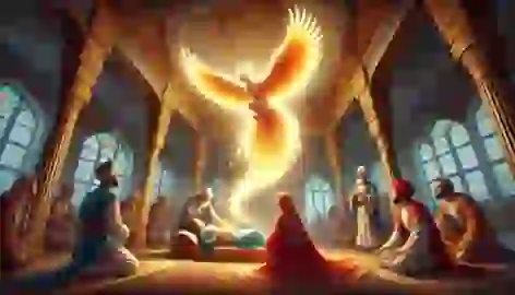 The Simurgh descends to aid Rudabeh, filling the Persian palace with light as Zal looks on.