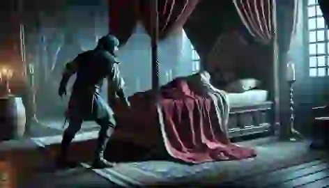 Halvor carefully pulls the bed sheet from under the sleeping King in the dimly lit royal chamber.