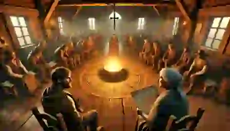 The village council debates the mysterious map in a rustic wooden hall lit by a central firepit, with villagers on edge.