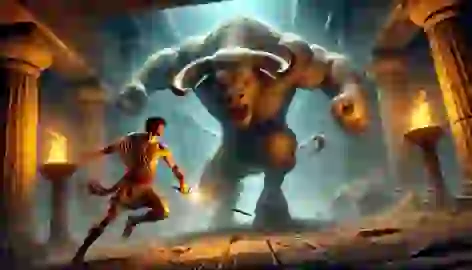 Theseus battling the Minotaur in the heart of the Labyrinth, surrounded by dimly lit stone walls.