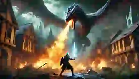 Eadric raises the glowing sword against the massive Wyvern as fire engulfs the ruined village around them