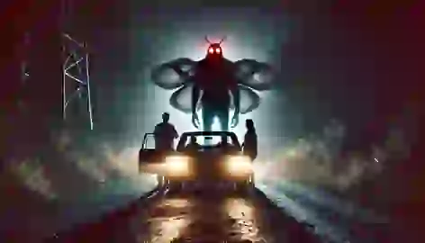 A car drives through the dark roads of the TNT area as the Mothman stands in the headlights with glowing red eyes.