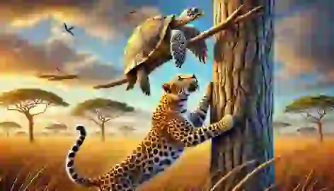 Bird carrying the Tortoise to the top of a tall tree while the Leopard struggles to climb