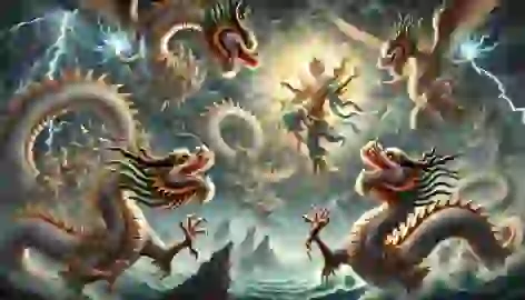 Celestial soldiers capture the four dragons in divine chains, the sky dark and stormy above them.