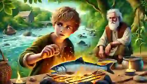 Young Fionn mac Cumhaill cooking a salmon over a fire by the River Boyne, accidentally gaining its wisdom.