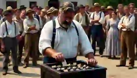  Mr. Summers stirs the papers in the black wooden box as the villagers gather nervously in the background.