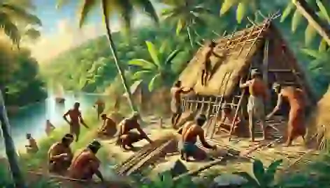 Arawak people building thatched huts near a river, surrounded by lush greenery, working together.