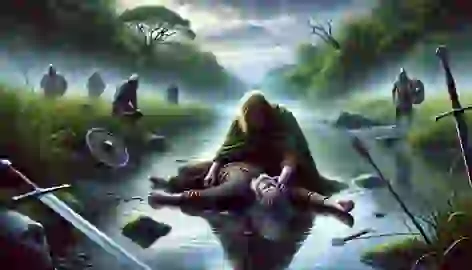 Cú Chulainn mourns over Ferdiad’s body at the River Dee, with their broken weapons nearby and reflective water around them.