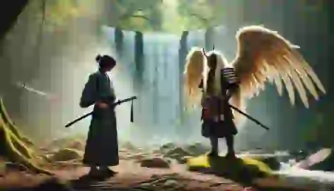 Kenshin and the Tengu, Sōjōbō, face each other in a secluded clearing by a waterfall.