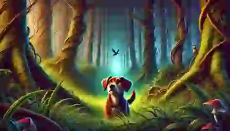 Max looks confused and scared as he stands lost in a dense forest, with a bird flying away into the treetops.