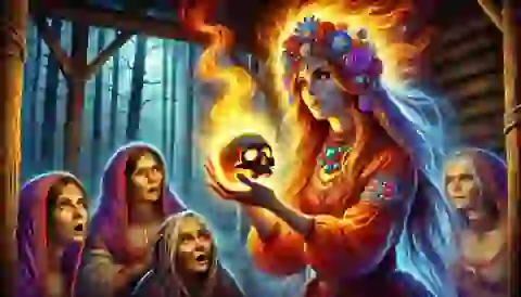 Vasilisa holding a burning skull in a small hut with a dark forest background.