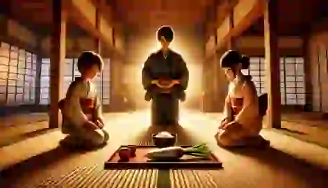 The Tanaka family offering rice, chopsticks, and radish to the Zashiki-warashi in their living room.