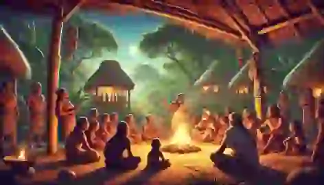 Villagers gather around a fire at night to listen to the legend of Hun-Hunahpú and Vucub-Hunahpú, the twin heroes of Xibalba.