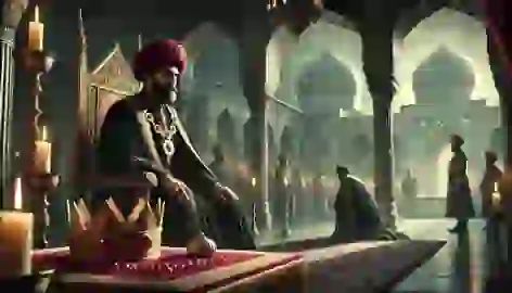  Nasir al-Din Shah stands at the shrine of Shah Abdol-Azim moments before his assassination, with the Ruby Crown beside him.