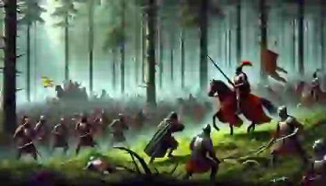 King Alfonso III leads his troops in a dense forest, surprising the Moorish forces during the Battle of Covadonga.