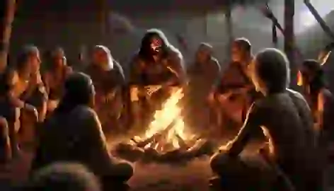 Warrin speaks with the elders around a campfire, their expressions serious as they warn him of the Drop Bear