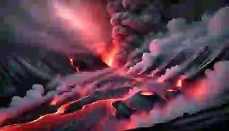 Mount Tarawera erupts, engulfing the Pink and White Terraces with lava, steam rising as volcanic heat consumes the landscape.