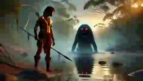 Warrior Naru stands determined at the river’s edge, facing the Bunyip emerging from the water at dawn.